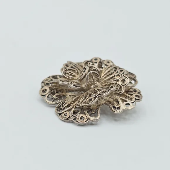 VTG Mexico Silver Filigree Flower Brooch Pin Layered Floral 1.75" REPAIR - Picture 2 of 12